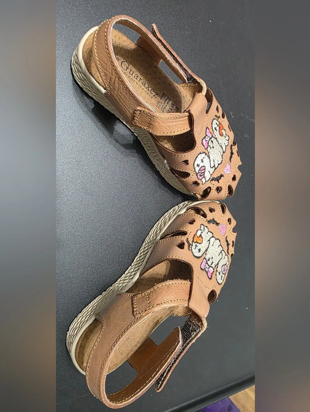 Kids Brown Leather Ghost Embroidered Sandals